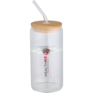 Logotrade Werbeartikel das Foto: Mirage 500 ml einwandiges Glas aus Borosilikatglas mit Bambusdeckel