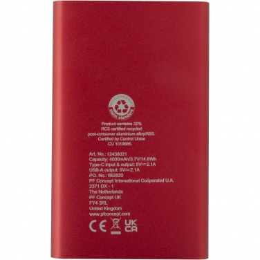 Logo trade promotional items image of: Pep 4000 mAh Type-C recycled aluminium power bank 