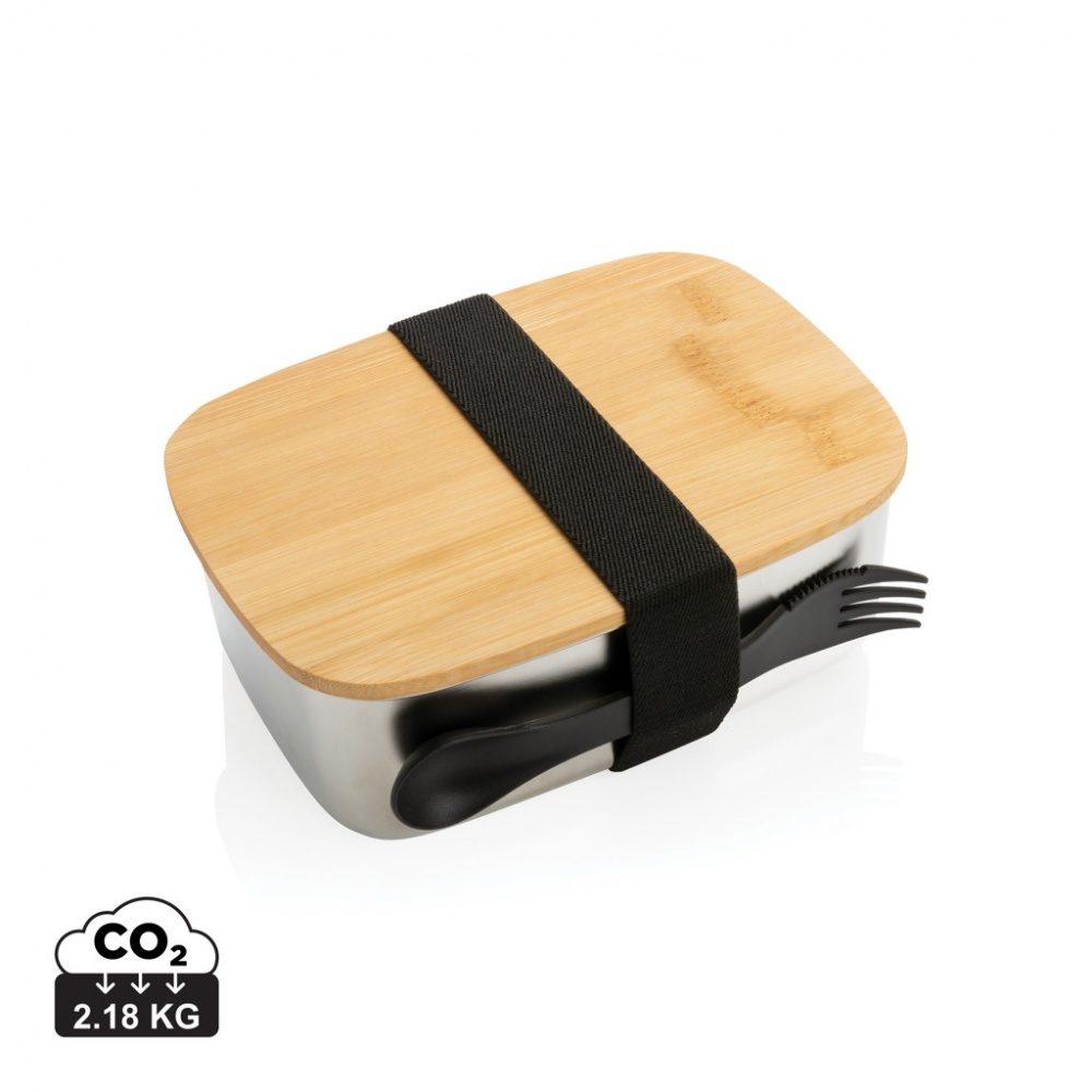 Logo trade corporate gifts picture of: Stainless steel lunchbox with bamboo lid and spork