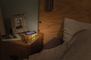 Logo trade advertising product photo of: Bamboo alarm clock with 5W wireless charger