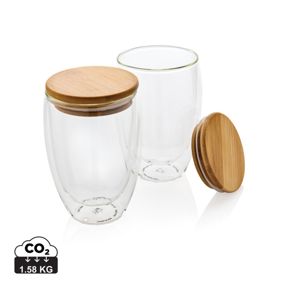 Logo trade promotional gift photo of: Double wall borosilicate glass with bamboo lid 350ml 2pc set
