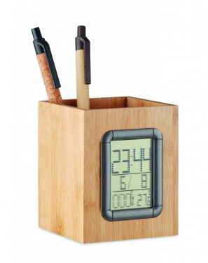 Logotrade corporate gift image of: Bamboo pen holder and LCD clock
