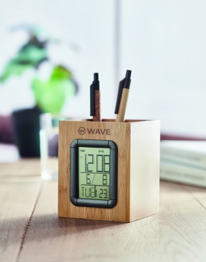 Logo trade promotional item photo of: Bamboo pen holder and LCD clock