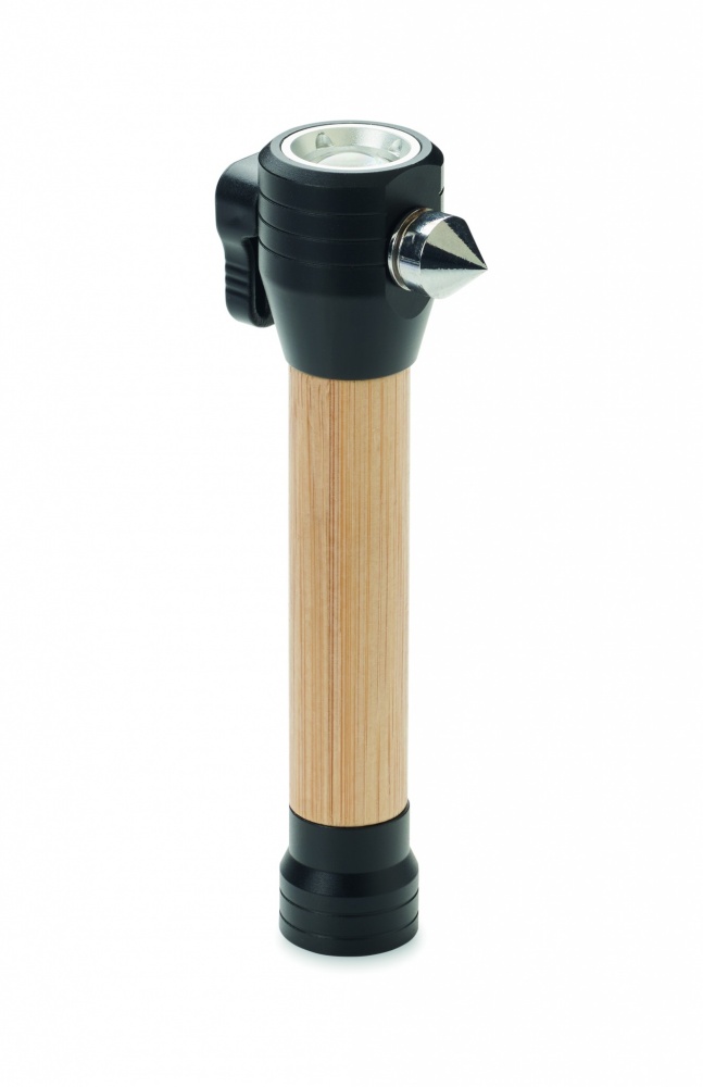 Logotrade promotional product image of: 3-in-1 bamboo flashlight with an emergency hammer and seatbelt cutter