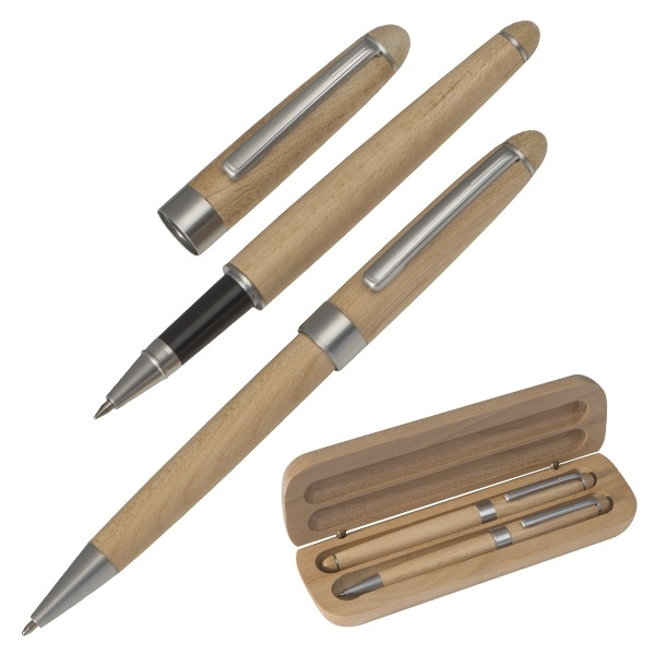 Logo trade promotional giveaways picture of: Wooden writing set ballpen and roller INDIANAPOLIS