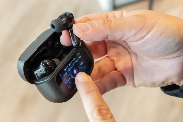 Logo trade promotional items image of: Airtune RCS recycled plastic ANC earbuds with touch screen