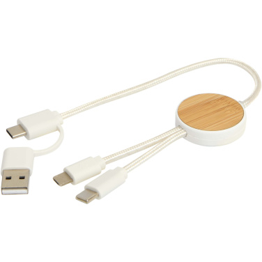 Logo trade promotional merchandise image of: Chechia 5-in-1 recycled plastic 30 cm data sync and 27W fast charge cable with bamboo details