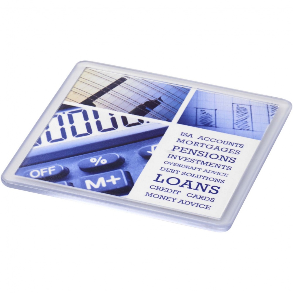 Logotrade mainoslahja tuotekuva: Ellison neliönmuotoinen muovinen lasinalunen, jossa paperi